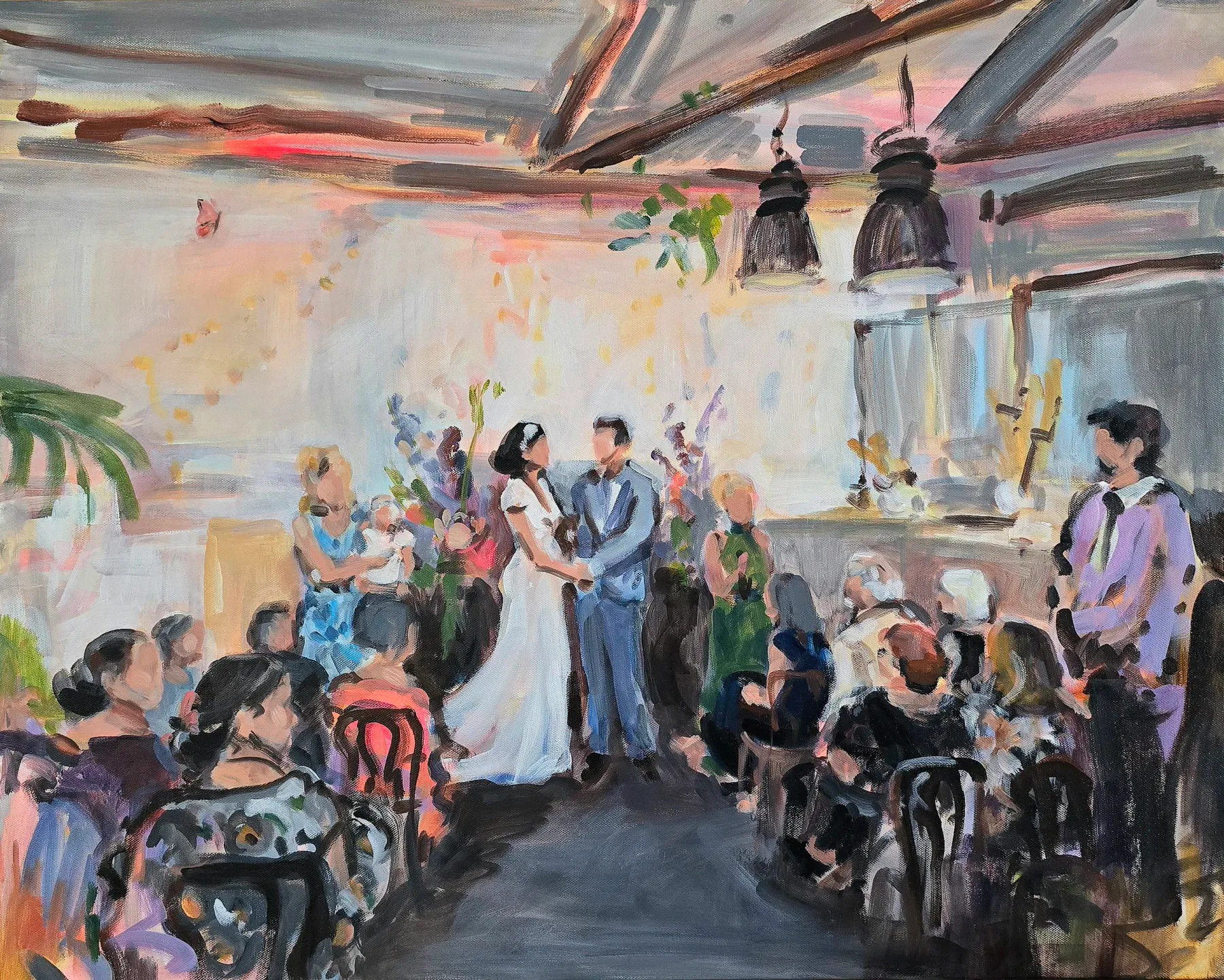 An expressive live painting capturing the atmosphere of a boutique wedding