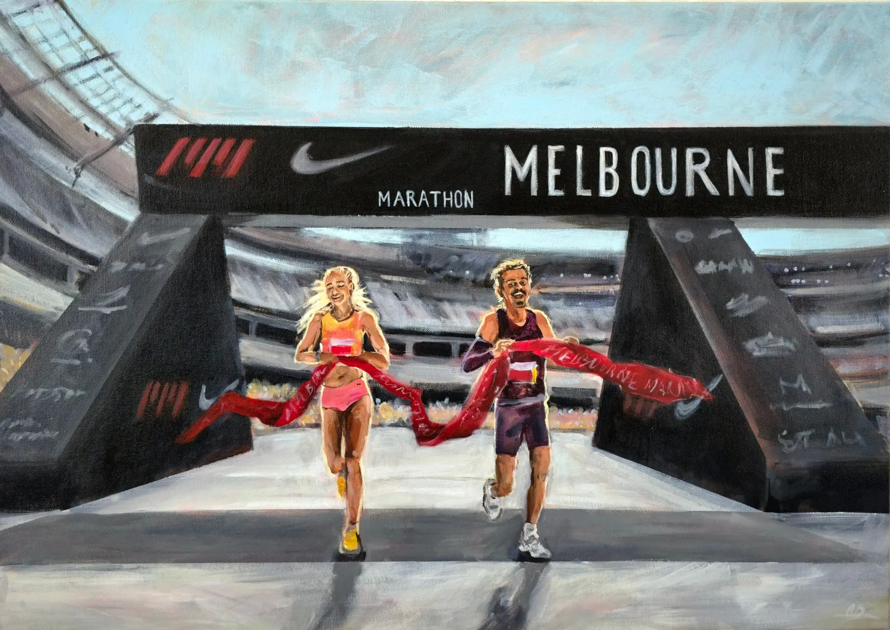 Live painting of the winners of the 2024 Melbourne Marathon, created during the event