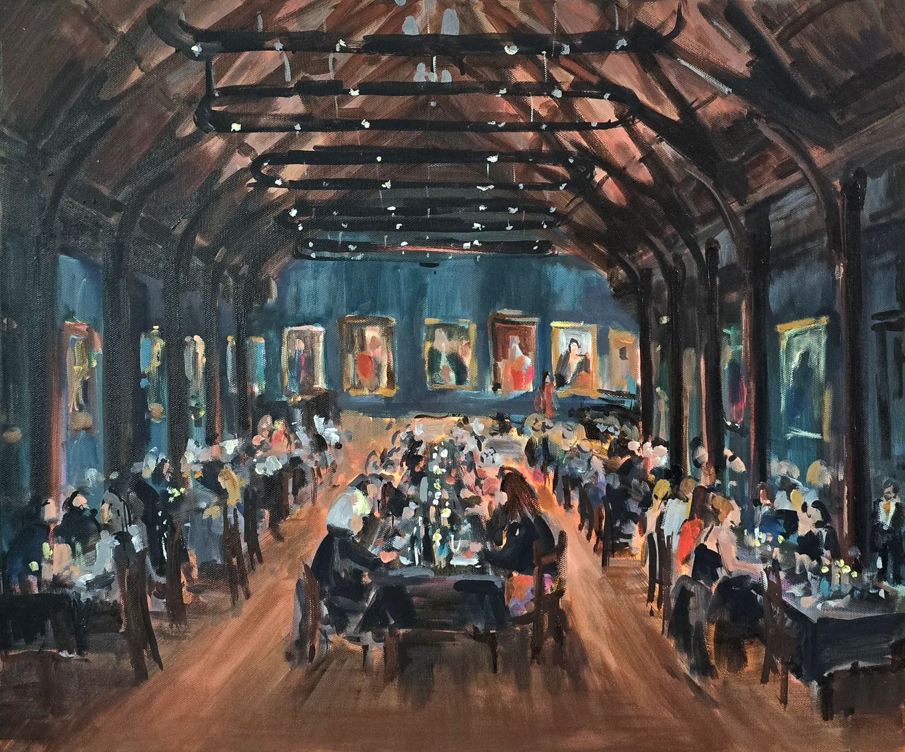 Finished painting of guests gathered for dinner in Trinity College’s timber-roofed hall