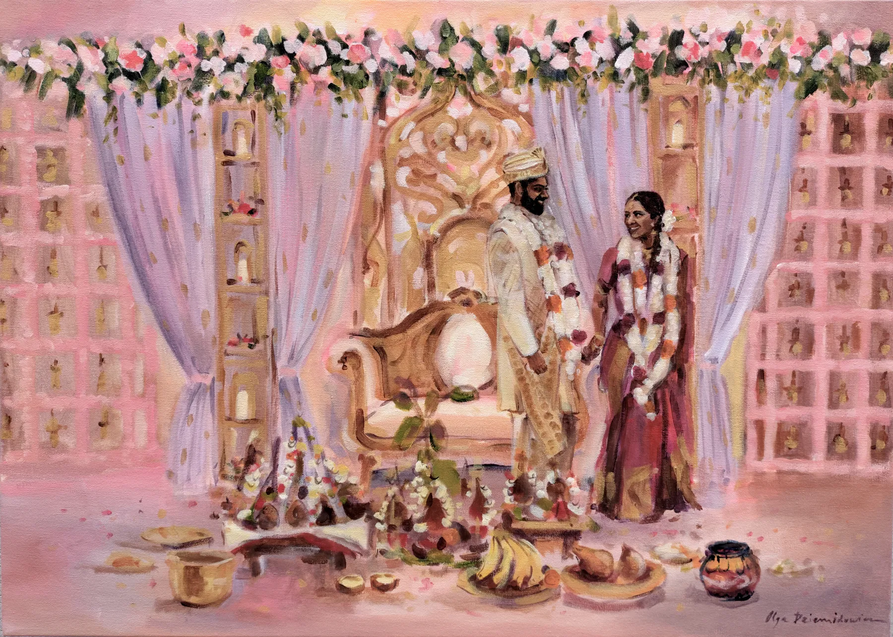 Painting of a wedding ceremony with a couple, pink floral decorations and a golden statue
