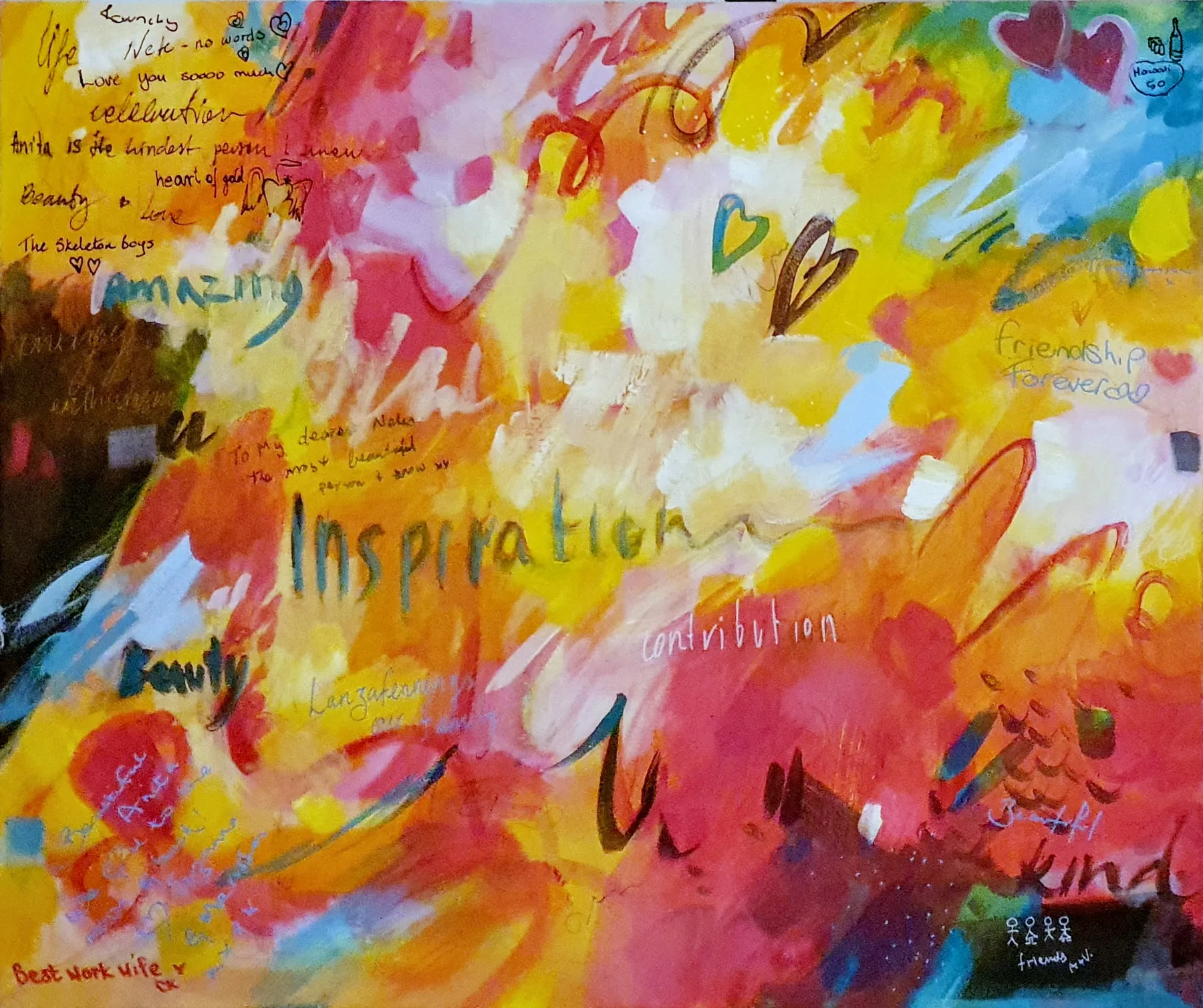 Expressive painting in pink and yellow with words, hearts and handwritten marks