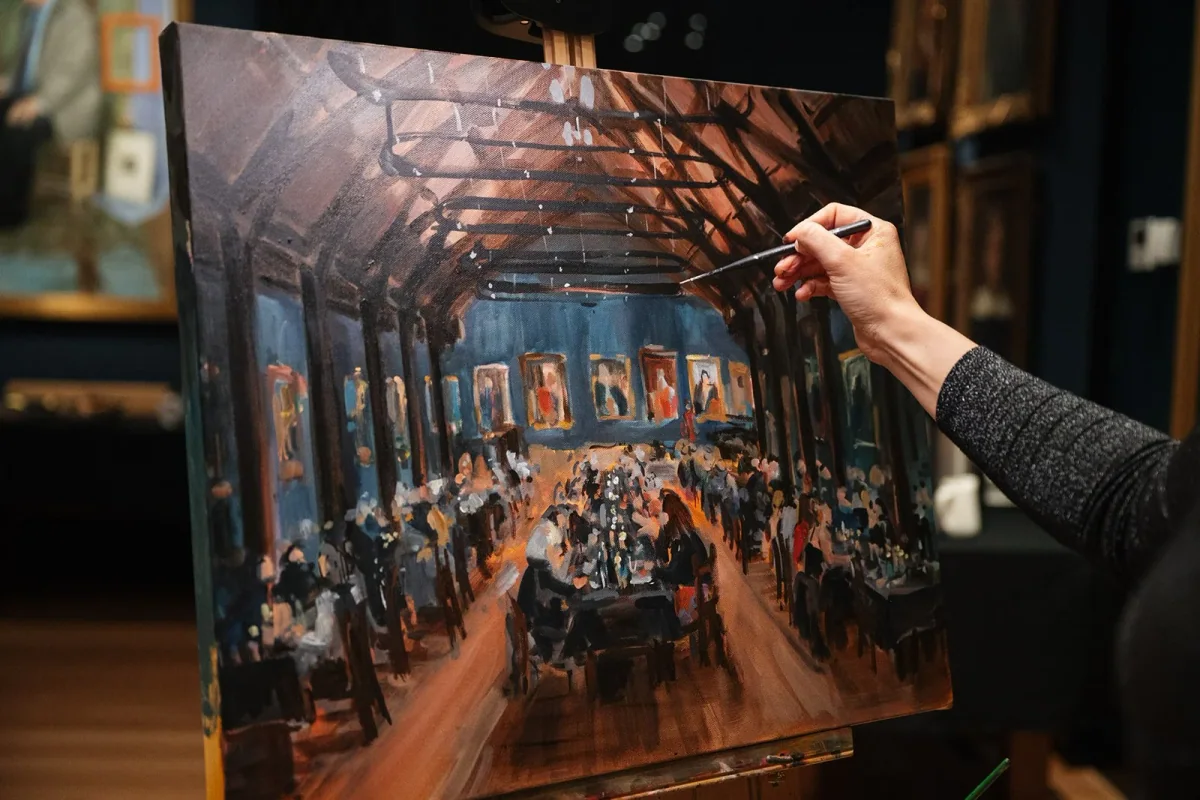 A live painting capturing the atmosphere of the Benefactors Dinner at Trinity College Melbourne